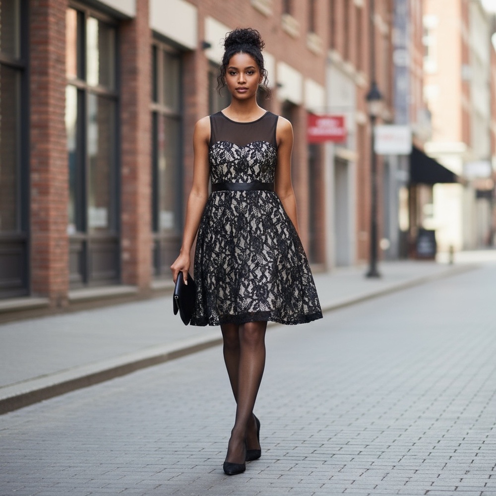 Black Lace Fit & Flare Dress w/ Mesh Top & Waist Tie – City Triangles Sz 5